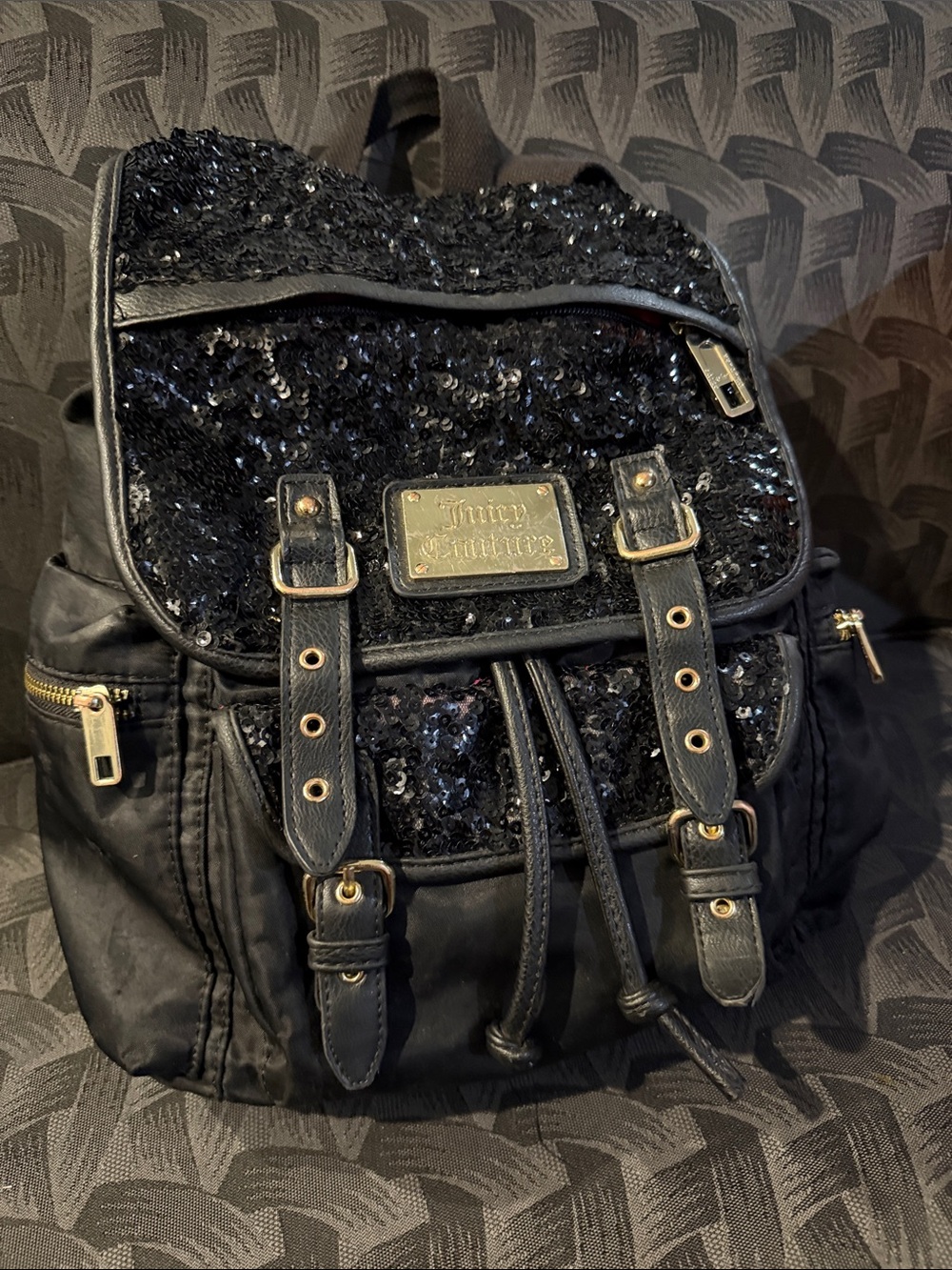 Y2K Juicy Couture Black Sequin Drawstring Backpack
